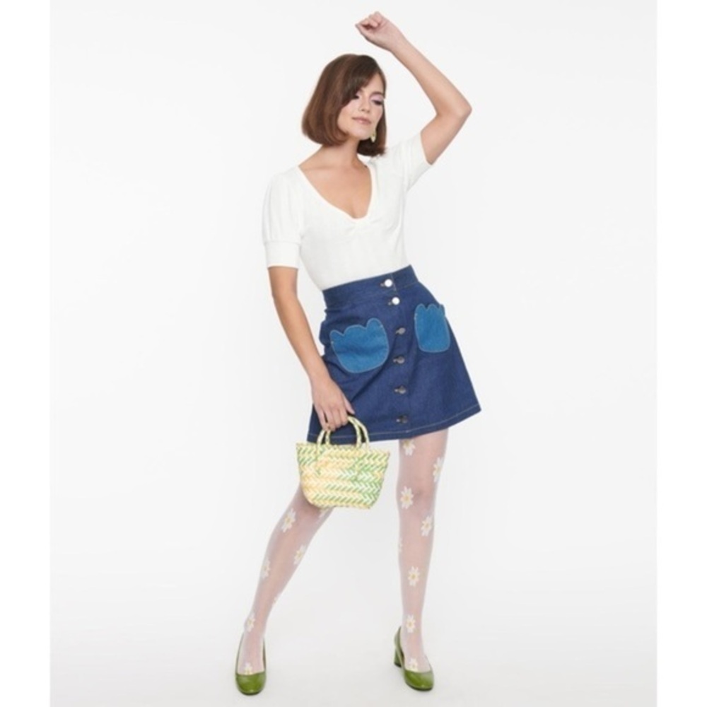 Medium Denim A-Line Mini Skirt Unique Vintage Retro Mod Pockets Smak Parlour